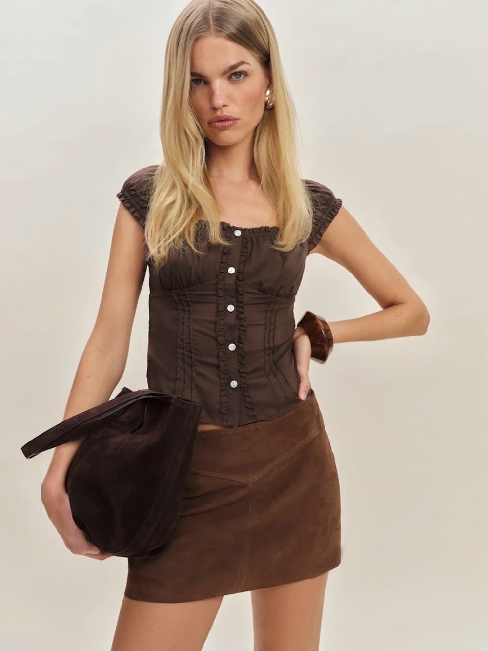 Reformation Layla Low Waist Brown Suede Mini Skirt